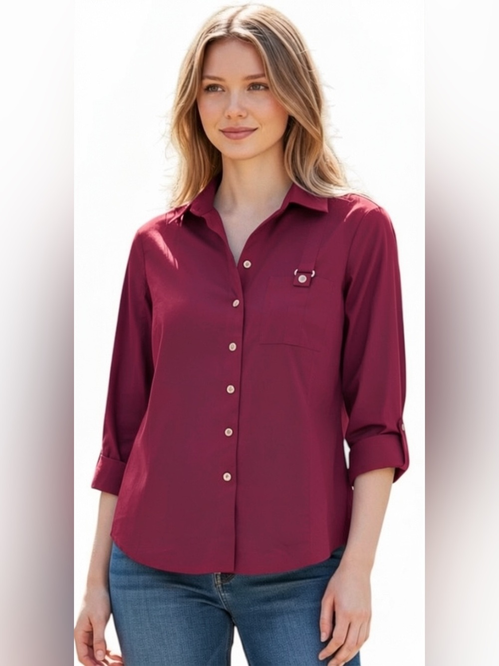 Anne Klein Wine Button-Front Blouse